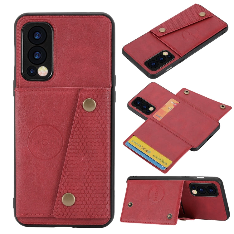 Red shockproof magnetic phone case with card slot and double buckle closure.
