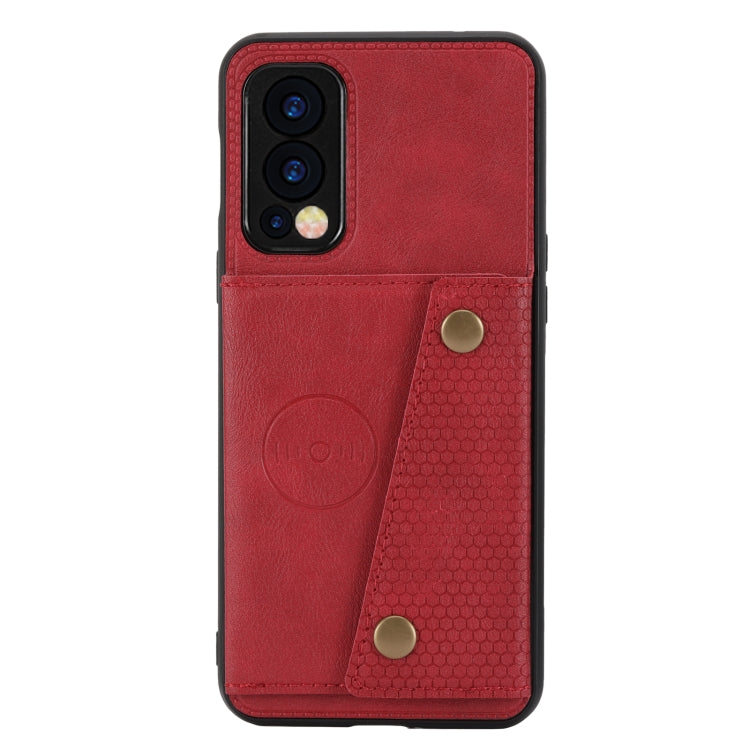 Red shockproof magnetic phone case with card slot, double buckle snaps, front view.