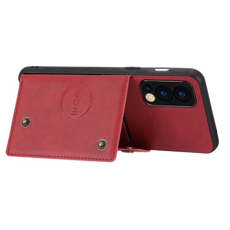 Red protective phone case with flip cover open, showing card slot pocket.