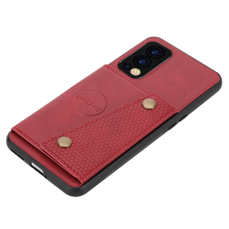 Red flip phone case with card slot pocket and magnetic buckle buttons, diagonal view.