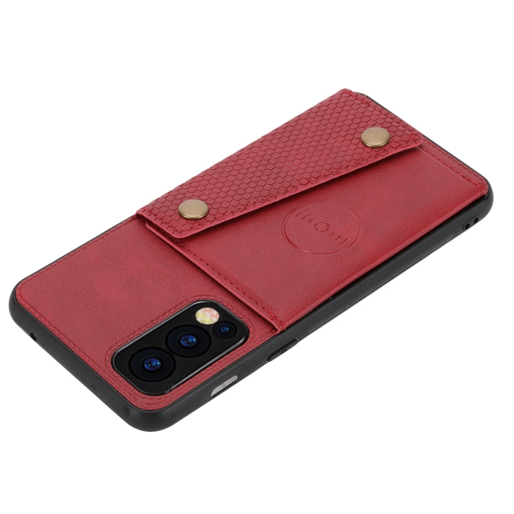Red flip phone case with textured card pocket and snap buckle, side angle.