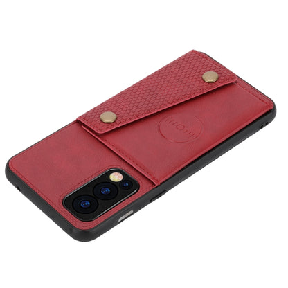 Red flip phone case with textured card pocket and snap buckle, side angle.