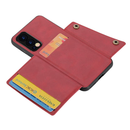 Red wallet-style phone case with front card slots and double buckle strap.