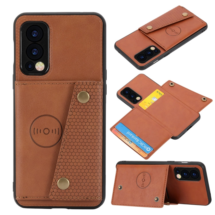 Light brown shockproof magnetic phone case with card slot and double buckle closure.