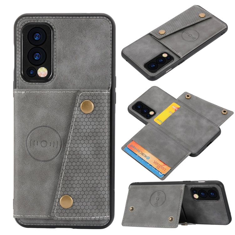 Grey shockproof magnetic phone case with card slot and double buckle closure.