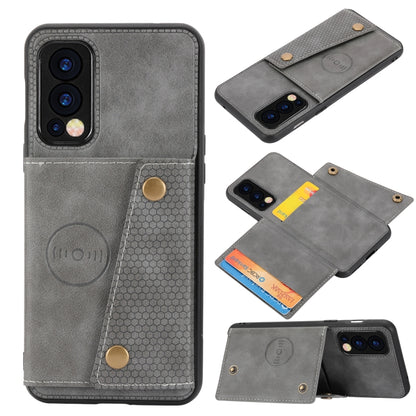 Grey shockproof magnetic phone case with card slot and double buckle closure.