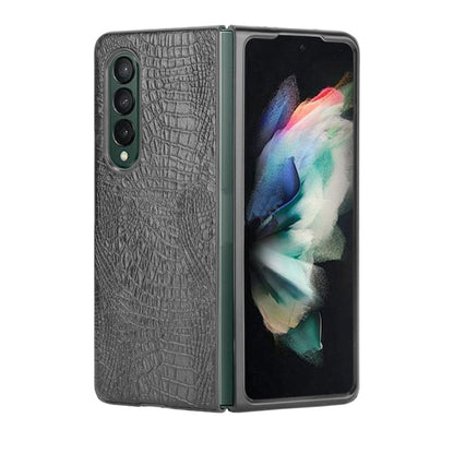 Shockproof crocodile-texture flip phone case in dark gray with dual camera cutouts