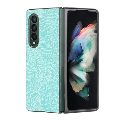 Shockproof crocodile-texture phone case, light aqua blue with two-tone edging and camera cutouts