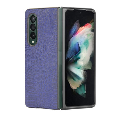 Shockproof crocodile-texture phone case in lavender blue, with camera cutout and raised corners