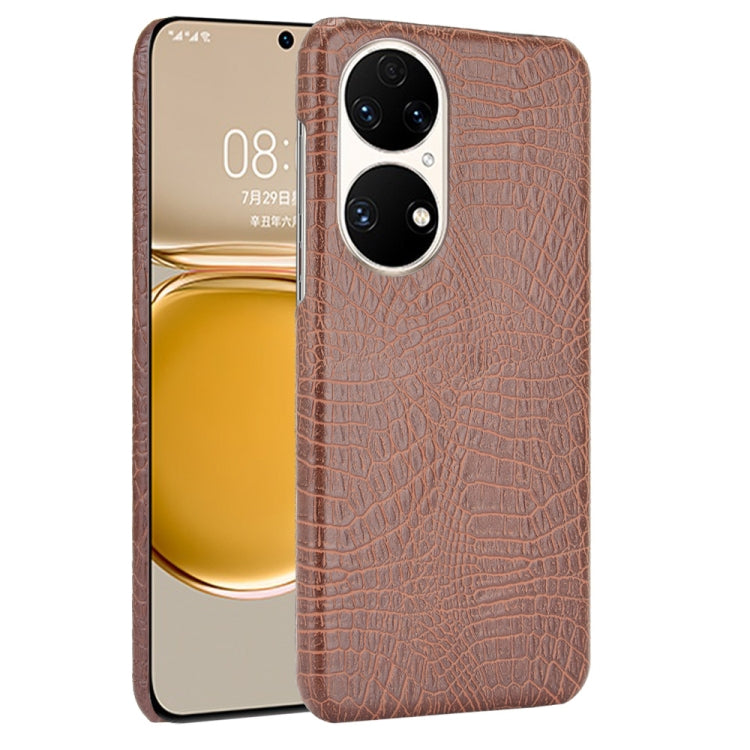 Brown crocodile-texture shockproof phone case with raised dual camera cutouts