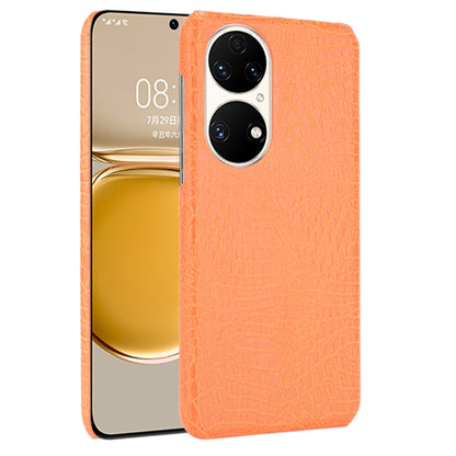 Orange crocodile-texture shockproof phone case with raised dual camera cutouts