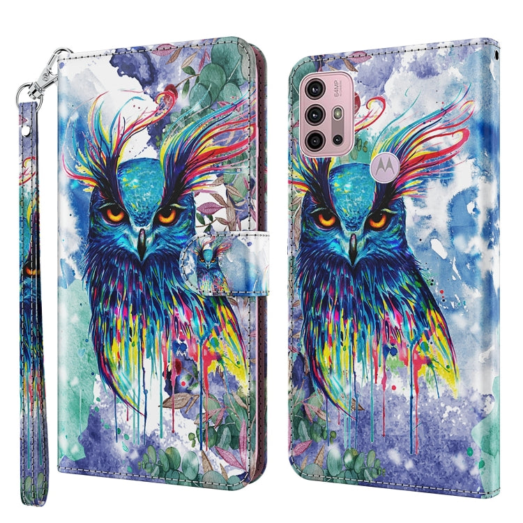 Blue watercolor owl phone wallet case with card slots, holder, and wrist strap