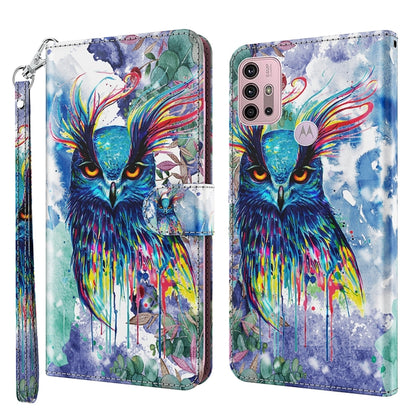 Blue watercolor owl phone wallet case with card slots, holder, and wrist strap