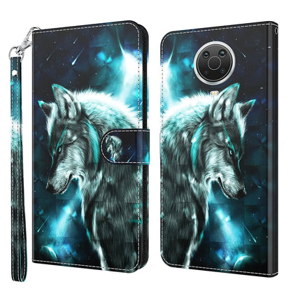 Blue space wolf phone wallet flip case with teal highlights and card-slot holder