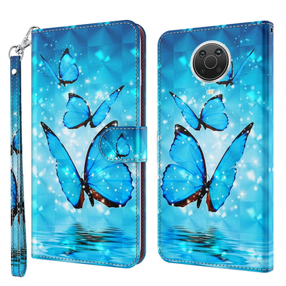 Blue butterfly flip phone wallet case with wrist strap and camera cutout