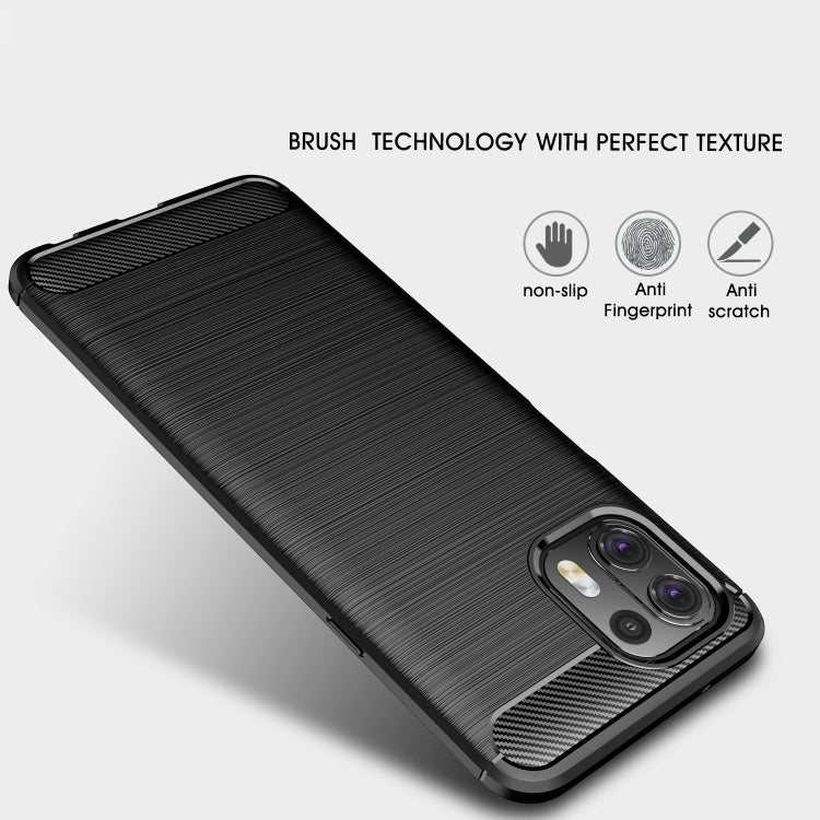 Black brushed carbon-fiber TPU phone case with textured back and camera cutout.