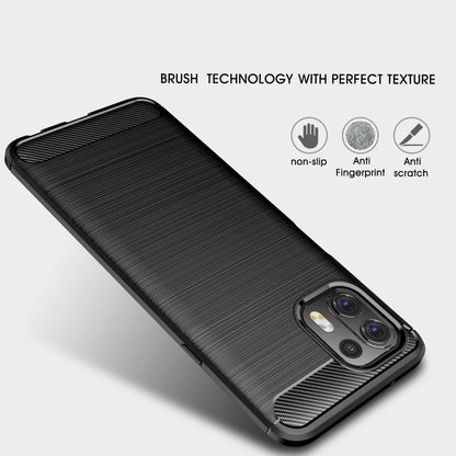 Black brushed carbon-fiber TPU phone case with textured back and camera cutout.