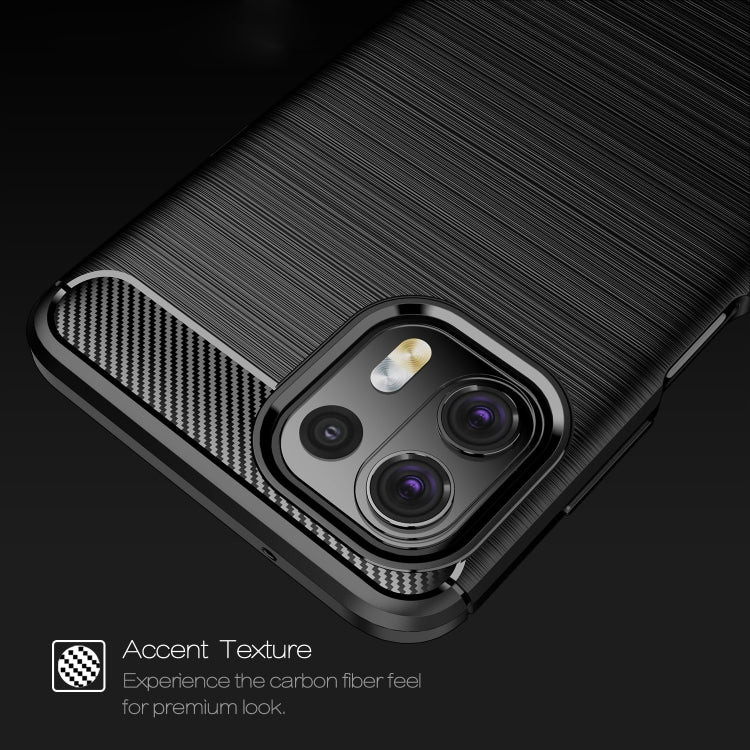 Close-up of black brushed carbon-fiber TPU phone case with camera module cutout.