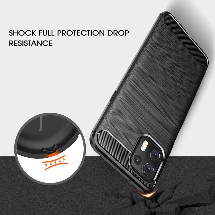 Black brushed carbon-fiber TPU phone case with textured edges and camera openings.
