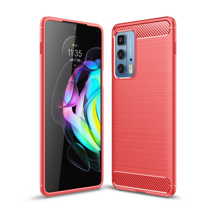 Red brushed carbon fiber TPU phone case with raised camera cutout, front and back.