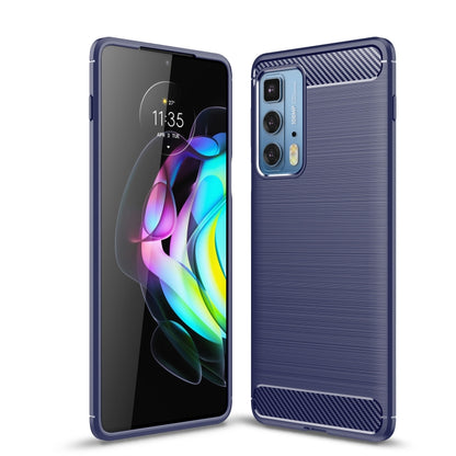 Blue brushed carbon fiber TPU phone case with textured panel and camera opening, front/back.