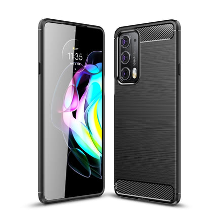 Black brushed carbon-fiber TPU phone case shown front and back, with camera openings.