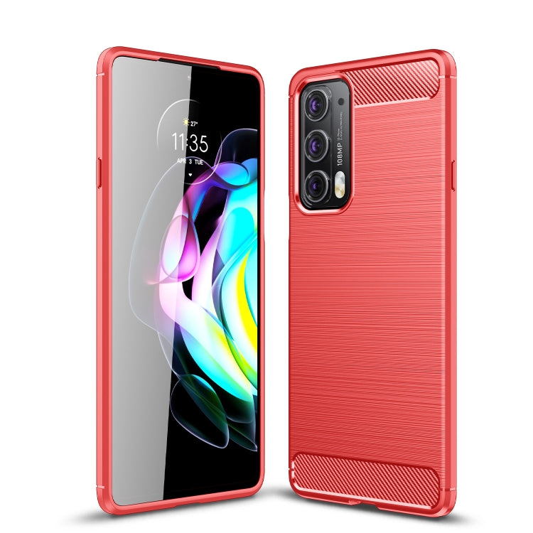 Red brushed carbon fiber TPU phone case with textured back and camera opening, front/back.
