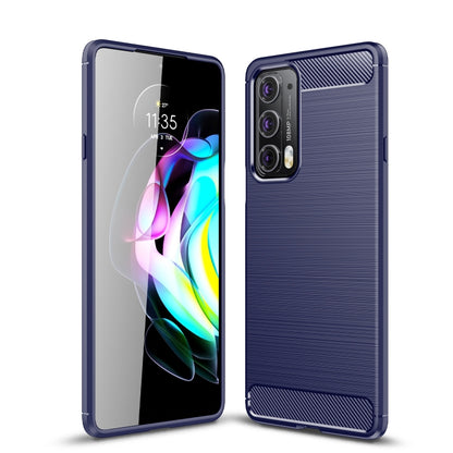 Blue brushed carbon fiber TPU phone case with ribbed texture, front and back view.