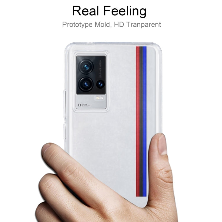 Transparent TPU phone case held in a hand, clear fit with camera cutout