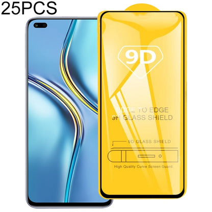 25-pack 9D tempered glass screen protector with curved edge coverage, shown on phones