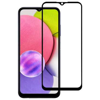 Tempered glass screen protector film for a smartphone display, full-coverage with black frame.
