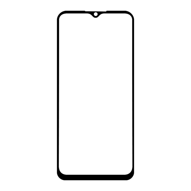Tempered glass screen protector with black border, cut to match smartphone screen shape.