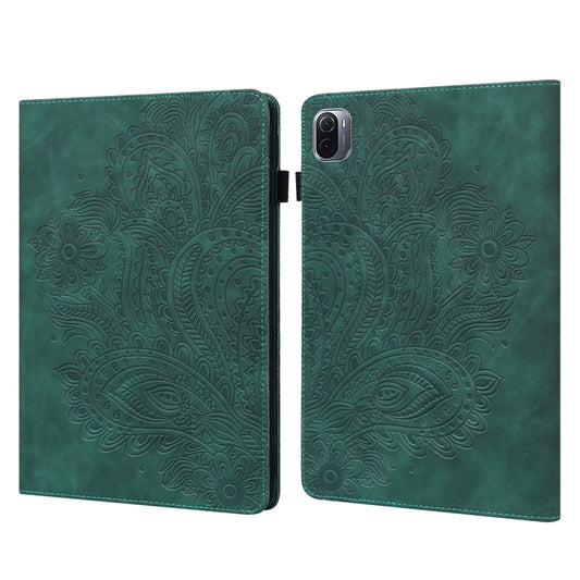 Green embossed peacock-pattern flip tablet case with card slots and holder