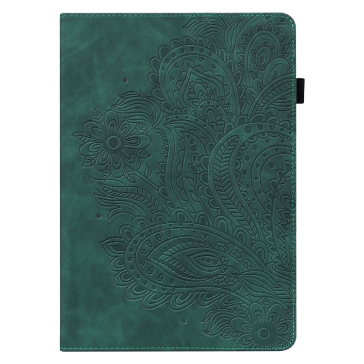 Green embossed peacock-pattern folio case with stitched edges and flip cover
