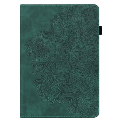 Green embossed peacock-pattern folio case with stitched edges and flip cover