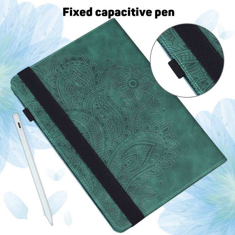 Green peacock embossed flip case with holder strap for a capacitive pen