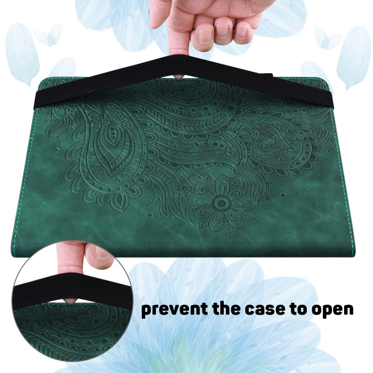 Green embossed peacock folio case with black strap to help keep the cover closed