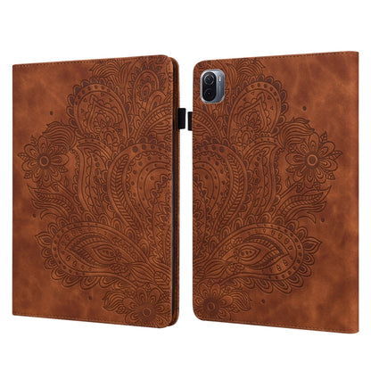 Brown embossed peacock-pattern flip tablet case with card slots and holder