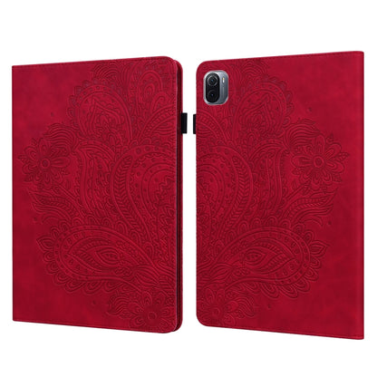 Red embossed peacock-pattern flip tablet case with card slots and holder