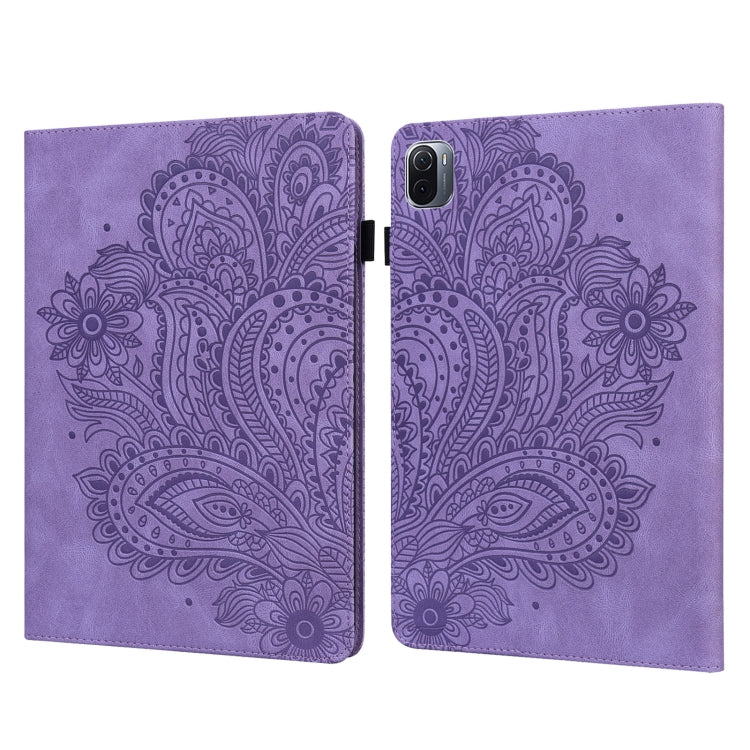 Purple embossed peacock-pattern flip tablet case with card slots and holder