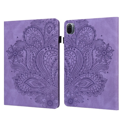 Purple embossed peacock-pattern flip tablet case with card slots and holder