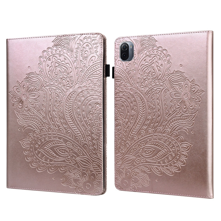 Embossed peacock pattern flip tablet case, rose-gold TPU/PU with camera cutout