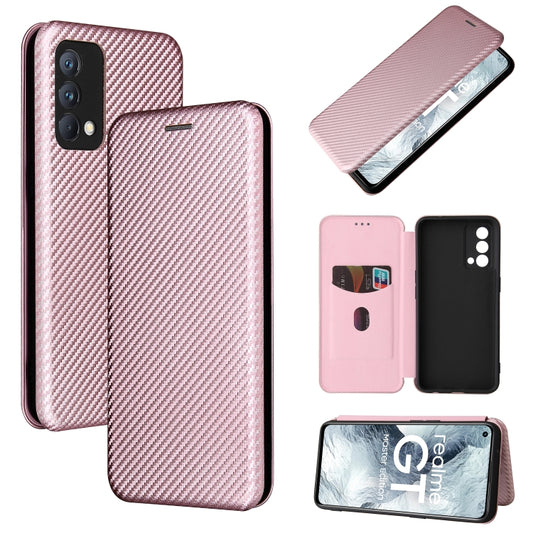 Pink carbon-fiber magnetic flip phone case with card slot, open folio and back cover view