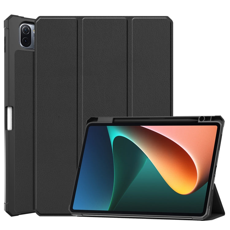 Black textured tri-fold horizontal flip leather case with front stand for tablet
