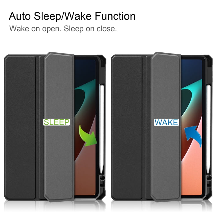 Black folio case showing open and closed positions for auto sleep/wake