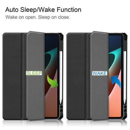 Black folio case showing open and closed positions for auto sleep/wake
