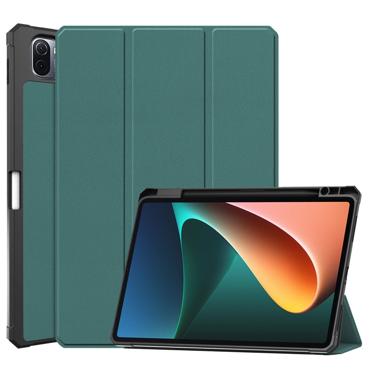 Dark green textured tri-fold horizontal flip leather case with front stand for tablet