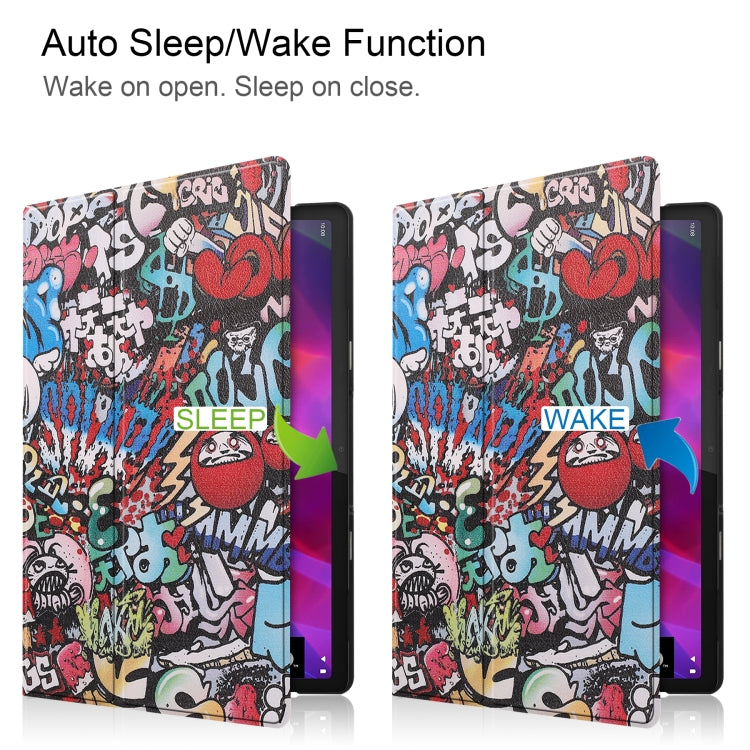 Graffiti PU leather case showing closed sleep and open wake positions for tablet