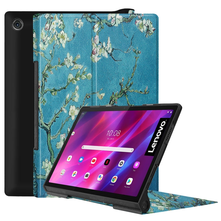 Apricot blossom floral PU leather tablet case with blue tree-and-blossom pattern