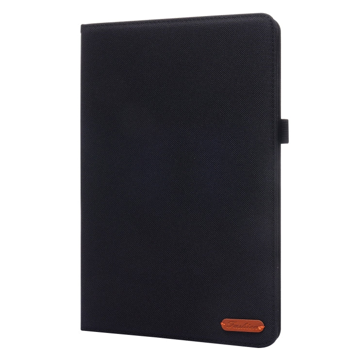 Black fabric PU leather flip tablet case, plain back with matching strap tab.